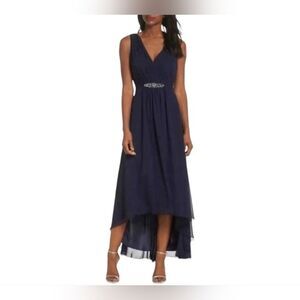 NEW ELIZA J Size 10 Navy Blue Embellished Waist Chiffon High-Low Midi Gown